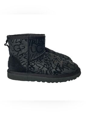 UGG Classic Mini Sparkle Graffiti Boots Black Suede Glitter Logo Women’s US 7